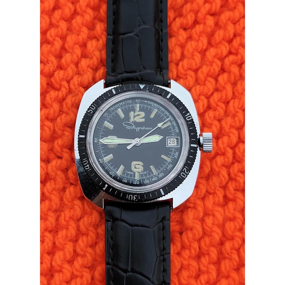 Vintage 70s Ingraham Diver Watch Swiss Manual Wind Mechanical Cushion Case Lume